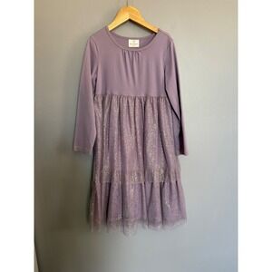 Hanna Andersson Girls Purple Tulle Glitter Tiered Long Sleeve Dress Size 130 / 8